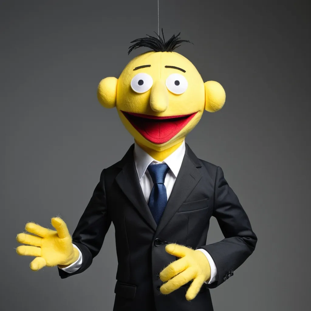 Prompt: a yellow puppet in a suit