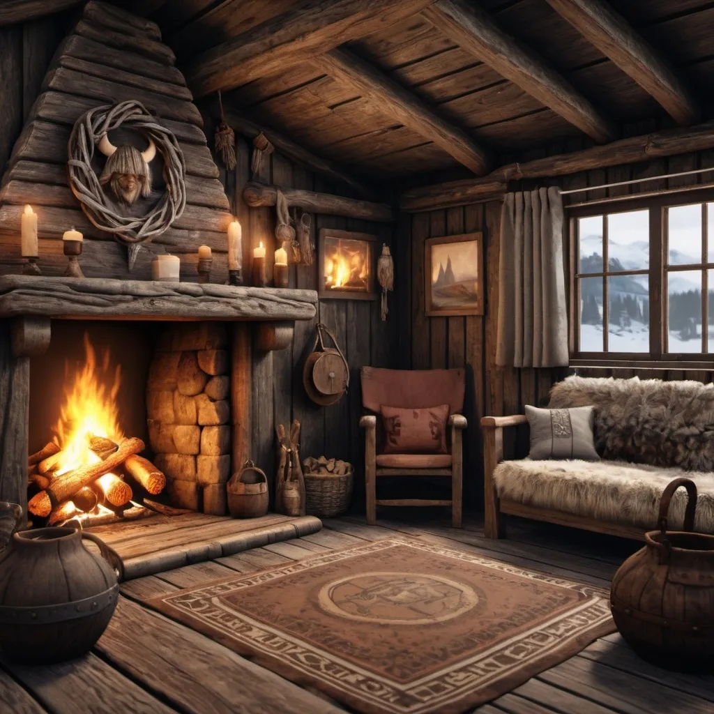 Prompt: Generate a reallistic Viking comfy house with a fire place for a screenshot 