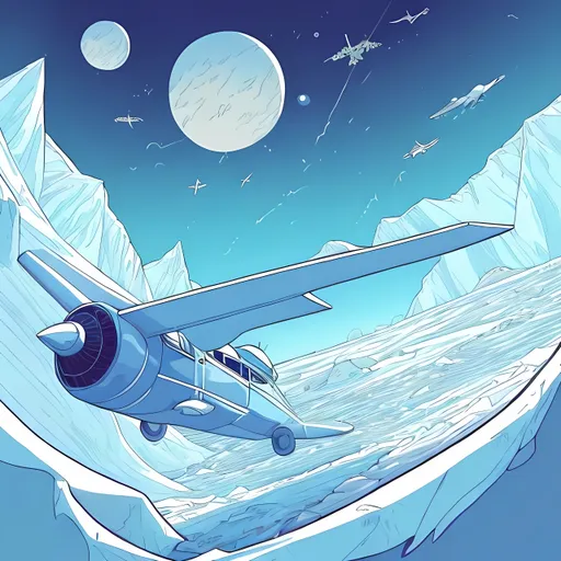 Prompt: I need a book cover illustration, king of cartoon-ish, but detailed:

Book Cover Description:
A small private plane, its wings cutting through the crisp air, soars defiantly over an expansive ice wall. The ice stretches as far as the eye can see, yet there's a sense of curiosity in the air as the plane ventures toward the unknown. Beyond the ice wall lies a vast, endless ocean, its deep blue expanse stretching to the distant horizon. The plane's journey is forbidden, yet its trajectory hints at a narrative of exploration and discovery.

Layout:
At the top of the picture, the imposing words "A Journey Through Terra-Ultra" command attention, casting a shadow over the frozen landscape. At the bottom, in elegant font, the title of the individual book, "The Forbidden Flight," echoes the daring spirit of the journey, connecting the overarching series with the unique narrative within this particular installment