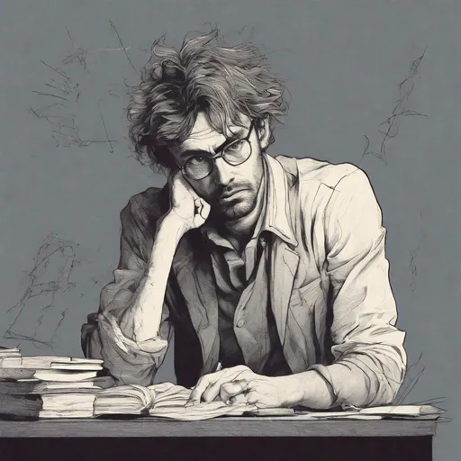 Prompt: A genius writer, with messy hair, staring at a point in thought