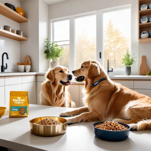 Prompt: "A vibrant and cozy scene featuring a golden retriever and a tabby cat happily eating from bowls labeled with the Kaniva Pet Food logo. The setting is a modern, well-lit kitchen with bright natural light streaming in through a window. Kaniva Pet Food packaging is displayed prominently on the counter nearby, showcasing the logo and vibrant branding. The pets look healthy and joyful, with their tails wagging and eyes focused on their food. The atmosphere is warm, inviting, and emphasizes high-quality nutrition and happy pets." make it ai file
