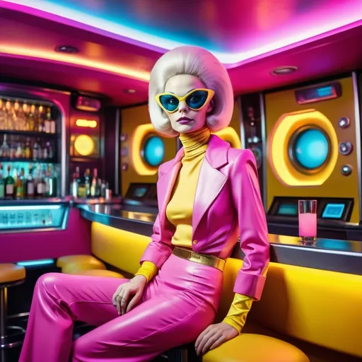 Prompt: portrait in retrofuturistic style, vibrant 70s color palette, model like alien in pink and yellow clothes, futuristic bar setting, retrofuturistic fashion, high quality, ads-style, vibrant colors, 70s fashion, retrofuturistic, neon-lit bar, professional lighting