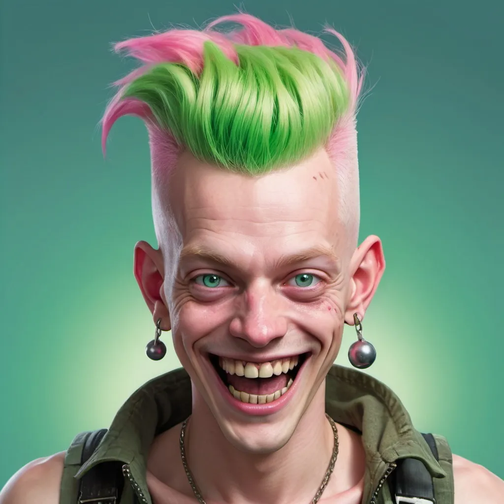 Prompt: a thin man with a green mohawk amidst shaved pink hair, his skin is albino and some teeth are missing in his mouth, he carries many bombs and always has a crazy smile on his face, his eyes have heterochromia, one blue and one green, concept art