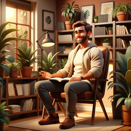 Prompt: (motivator sitting on a chair), relaxed posture, confident expression, motivational ambiance, engaging with an audience, (inspirational atmosphere), warm tones, cozy setting, soft lighting, high-quality details, background elements include motivational posters and a bookshelf, surrounded by plants, ultra-detailed, visually uplifting.