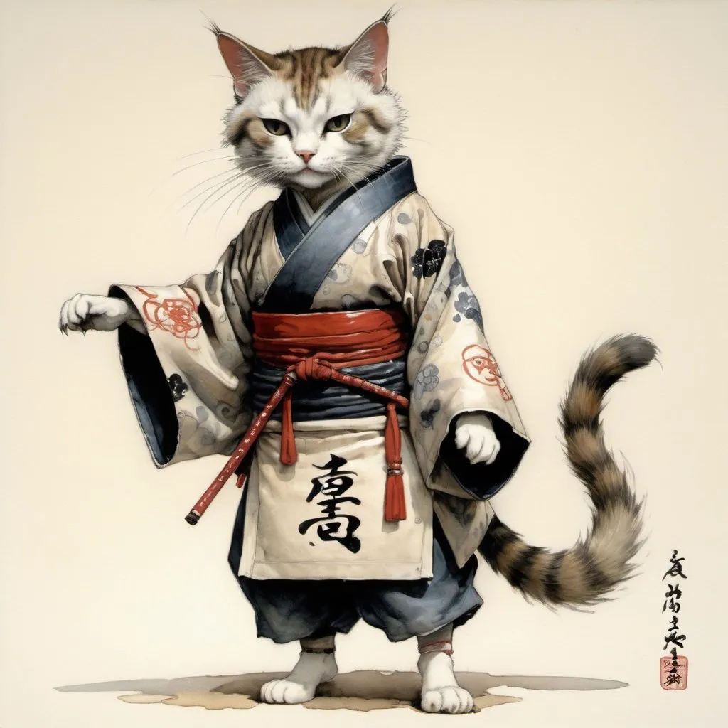 Prompt: painting by  jean - baptiste monge of a  cat kabuki standing on two feet only, dressed in a  hot kunoichi dress,  full body, jean - baptiste monge , anthropomorphic --ar 2:3 --testp --upbeta
