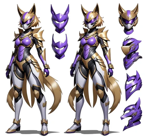 Prompt: Arknights lineart concept art, anime concept, scifi, cyborg, anime woman, loli, kamen rider, power ranger, wuxia, curvy, purple and gold kitsune spirit themed armour, animal mask.