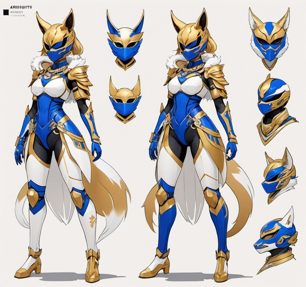 Prompt: Arknights lineart concept art, anime concept, scifi, cyborg, anime woman, loli, kamen rider, power ranger, wuxia, curvy, blue and gold kitsune spirit themed armour, animal mask.