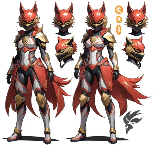 Prompt: Arknights lineart concept art, anime concept, scifi, cyborg, anime woman, loli, masked rider, power ranger, wuxia, curvy, red and gold kitsune spirit themed armour, animal like mask.