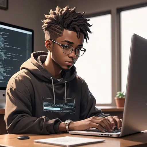 Prompt: An anime black boy with short hairstyle and light beards sitting on a table with a flat screen and laptop on it typing javascript code, he is wearing glass and pullover written Lod Patek