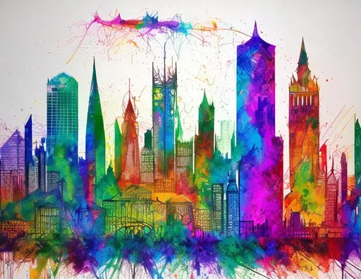 Prompt: make a chaotic sketch of a skyline
only use lines

add colorfull paint daubs