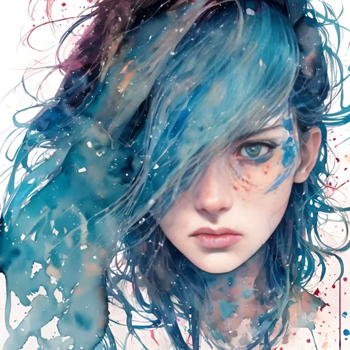 Prompt: Portrait of a blue-haired girl, Conrad Roset style, watercolor art, comic, detailed facial features, vibrant colors, professional, high resolution, intense gaze, artistic, medium, watercolor, comic style, blue hair, detailed eyes, soft brushstrokes, emotional expression, feminine features, atmospheric lighting