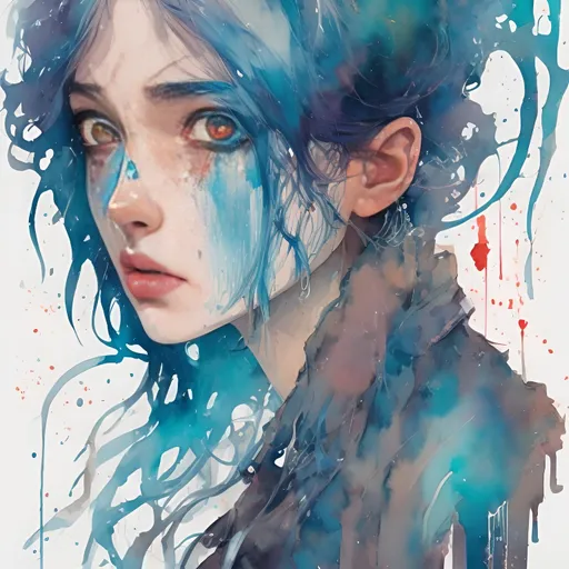 Prompt: Portrait of a blue-haired girl, Conrad Roset style, watercolor art, comic, detailed facial features, vibrant colors, professional, highres, intense gaze, artistic, medium, watercolor, comic style, blue hair, detailed eyes, soft brushstrokes, emotional expression, atmospheric lighting