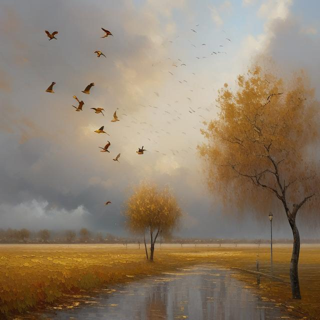 Prompt: impressionist oil painting, golden birds flying, cloudy gray sky, leafless trees, soft brush strokes, atmospheric, high quality, impressionist, golden birds, cloudy sky, soft brush strokes, leafless trees, atmospheric lighting