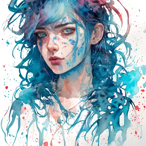 Prompt: Portrait of a blue-haired girl, Conrad Roset style, watercolor art, comic, detailed facial features, vibrant colors, professional, high resolution, intense gaze, artistic, medium, watercolor, comic style, blue hair, detailed eyes, soft brushstrokes, emotional expression, feminine features, atmospheric lighting