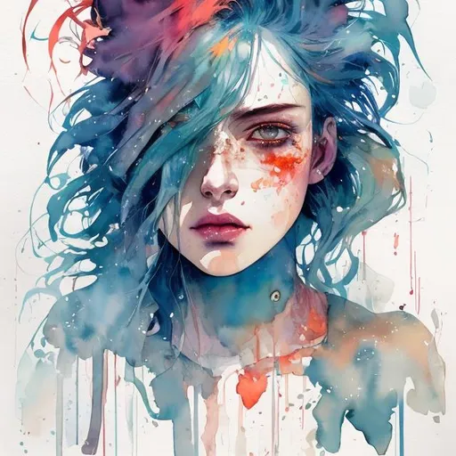 Prompt: Portrait of a blue-haired girl, Conrad Roset style, watercolor art, comic, detailed facial features, vibrant colors, professional, highres, intense gaze, artistic, medium, watercolor, comic style, blue hair, detailed eyes, soft brushstrokes, emotional expression, feminine features, atmospheric lighting