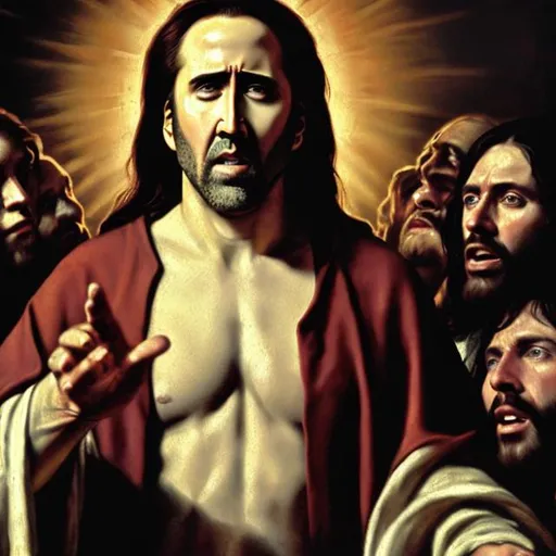 Prompt: Nicolas Cage as Jesus Christ, Renaissance oil painting, detailed face, oil painting, Renaissance, high quality, realistic, historical, classic artwork, iconic scene, professional, artistic masterpiece, warm tones, soft lighting, iconic composition, detailed facial features, fine art, traditional style, famous artwork, renowned painting, historical masterpiece, iconic imagery