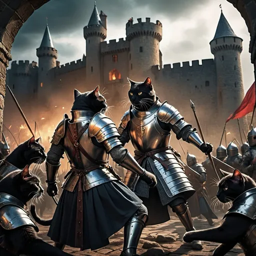 Prompt: (battle-scene of black cats in medieval suits of armor), dynamic action poses, intricate details on armor, intense emotions displayed, dramatic lighting, dark and moody atmosphere, enchanting (medieval landscape boasts castles and banners), vibrant yet muted color palette, high detail, epic confrontations, cinematic quality, magical essence of the scene.