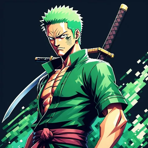 Prompt: pixel art of Roronoa Zoro, (anime style), (cool color scheme), digital artwork, vibrant shades of blue and green, high detail pixelation, dynamic pose, iconic sword, expressive facial features, intricate clothing design, atmospheric background with a hint of adventure, edgy and striking, captivating aesthetics, 4K resolution, ultra-detailed craftsmanship.