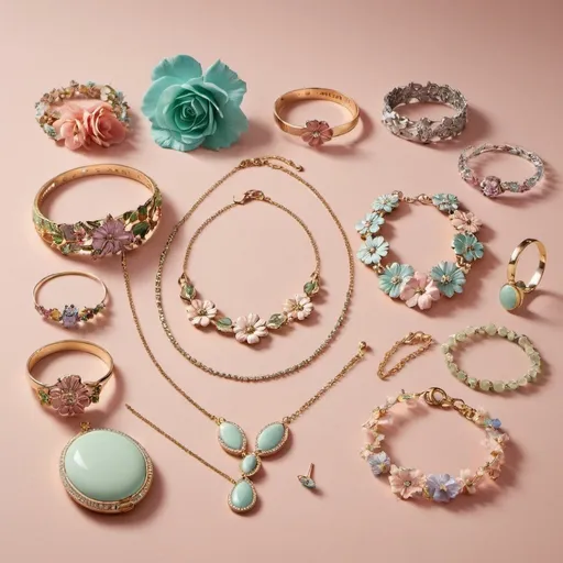 Prompt: jewellery collection including floral designs and pastel colours
