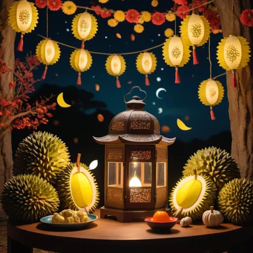 Prompt: (durian lantern), (Mid-Autumn Festival theme), vibrant colors, warm lighting, a whimsical atmosphere, surrounded by autumn decorations, delicious pizza displayed with creative toppings, cozy gathering around the lantern, intricate design on the lantern, high-quality, (4K), festive and cheerful vibe, elements of family celebration, enchanting night setting with soft moonlight.