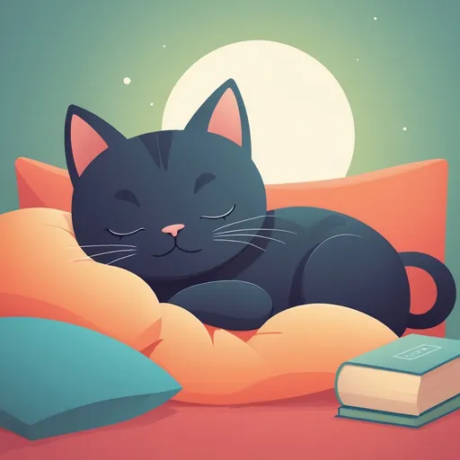 Prompt: illustrations for a book-cover,flat design,simple shapes,vector,colorful,2D,cute cartoon characters,cat sleeping