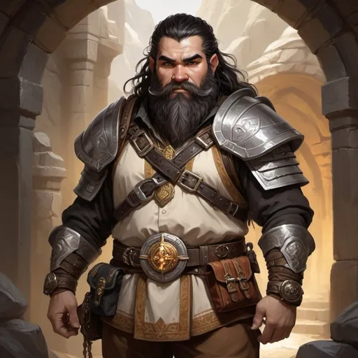 Prompt: Dwarven cleric (detailed character portrait), dressed in chain shirt armor, brown pants, black belt, and boots, carrying a large backpack, wearing a holy symbol of Pulura, featuring striking black hair and captivating white eyes, rich earthy tones, warm ambient lighting, fantasy theme, ultra-detailed, vibrant atmosphere.