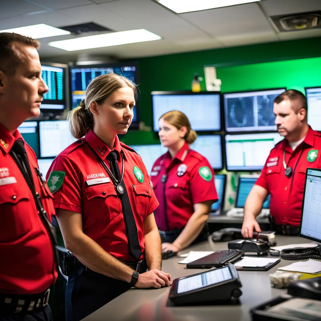 Prompt: ambulance operations room with officers in red uniforms, green bokeh background