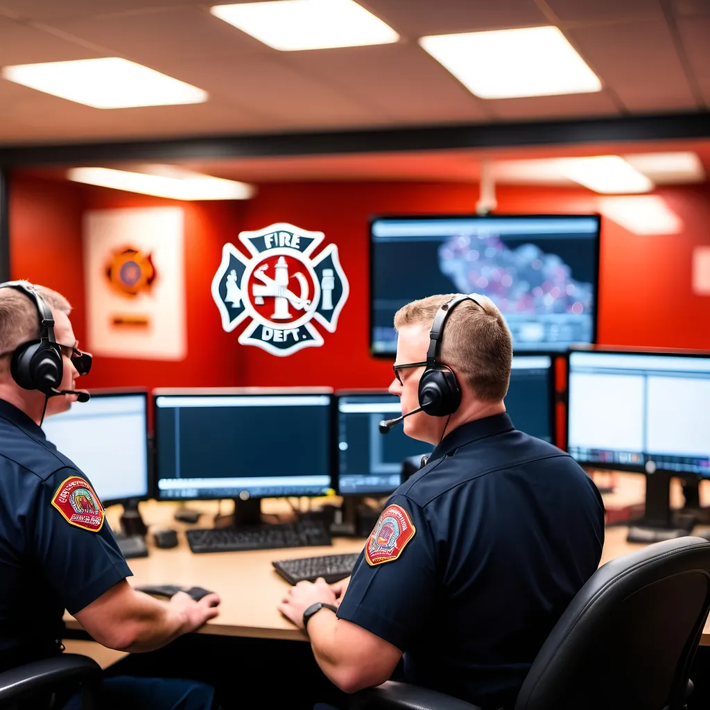 Prompt: Fire department  operations room with officers red background bokeh