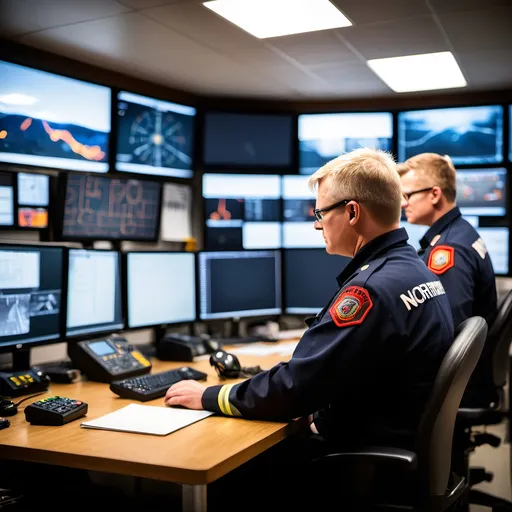 Prompt: Fire department operations room with Norwegian officers bokeh