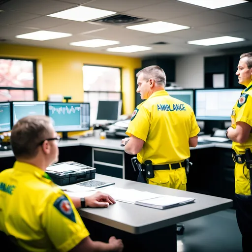 Prompt: Ambulance department operations room with officers yellow uniforms bokeh