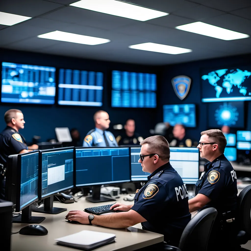 Prompt: police department  operations room with officers blue background bokeh