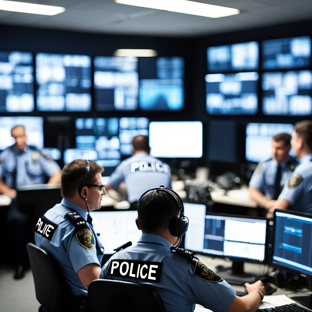 Prompt: Police operations room with officers bokeh