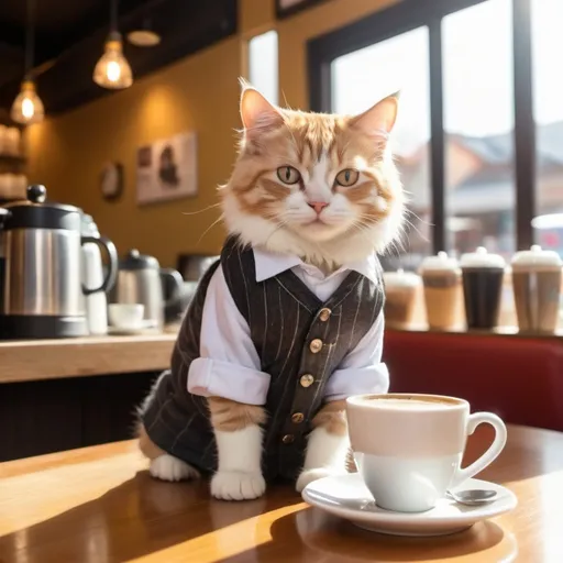 Prompt: a very cute cat with fashion clothes, under warm sunshine in the coffee shop making coffee service cat customers 
