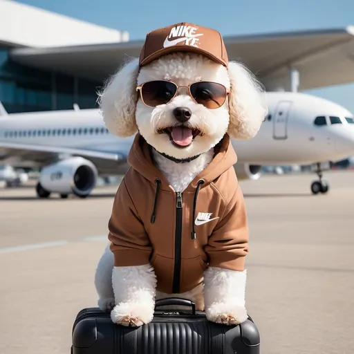 Prompt: a cute all brown Bichon Frisé wear a nice summer hat, the beats headphones and wearing nike white hoodie with jeans, and white nike shoes. wearing sunglassess,carrying the luggage and background is the airport. 8k, and smiling looking to the sky, looking to take the picture as the model