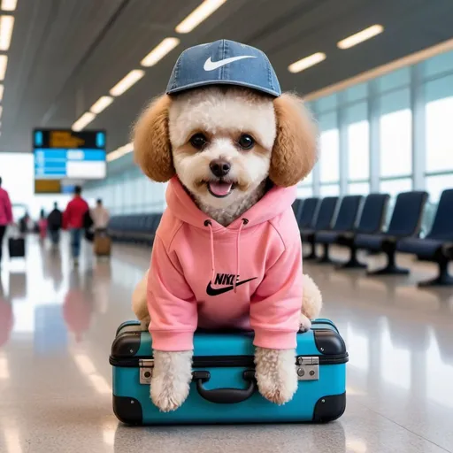 Prompt: a cute brown Bichon Frisé wear a nice summer hat, the beats headphones and wearing nike pink hoodie with jeans, and nike shoes. carrying the luggage and background is the airport. 8k