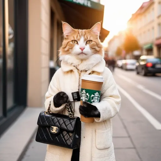Prompt: a cat in fashionable clothes stands on the street. warm sunshine, warm colors, facing the camera, holding the Starbucks coffee. holding the chanel bag. smile. 