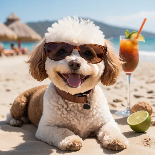 Prompt: a cute all brown Bichon Frisé wear sunglasses, smiling, and laying down on the beach in Mexico, drinking cocktails under the warm sunshine