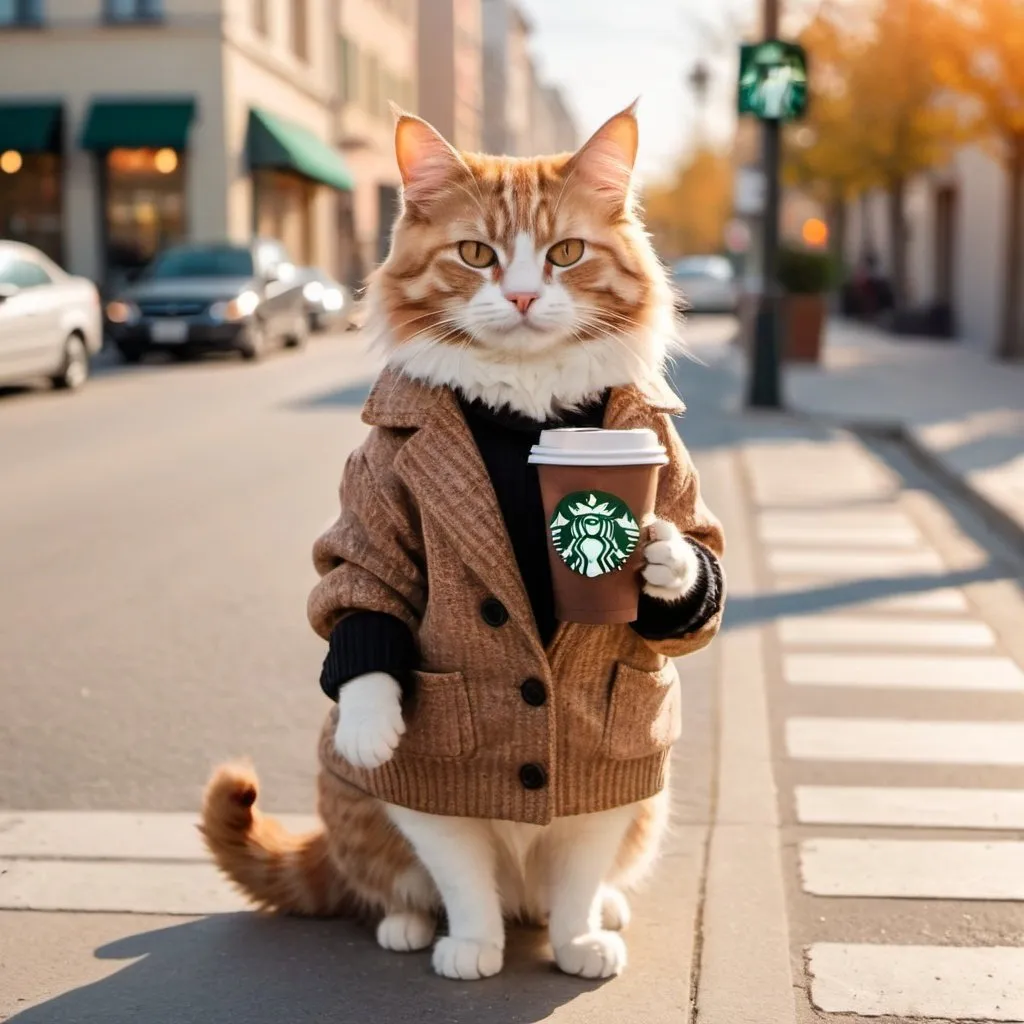 Prompt: a cat in fashionable clothes stands on the street. warm sunshine, warm colors, facing the camera, holding the Starbucks coffee.