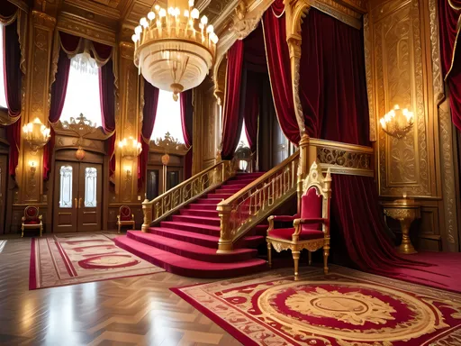 Prompt: Majestic throne of The King May1 in the room with golden accents, ornate carvings, royal red and gold color scheme, grand staircase leading to the throne, opulent velvet curtains, shimmering chandeliers, regal atmosphere, high quality, luxurious, royal, grand, opulent, detailed architecture, rich color tones, dramatic lighting