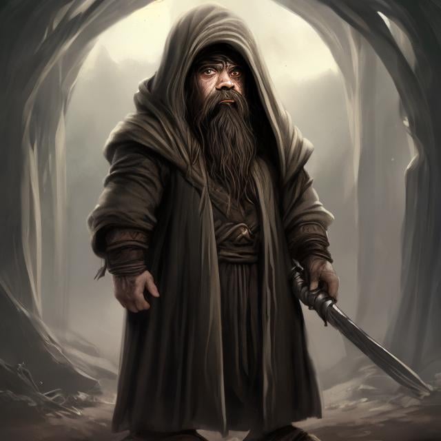 Prompt: young dwarf in a hooded cloak with his face hidden