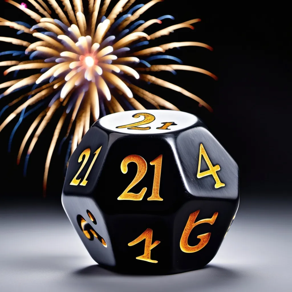 Prompt: 21 sided die with 21 showing with fireworks shooting from the top and sides of the die