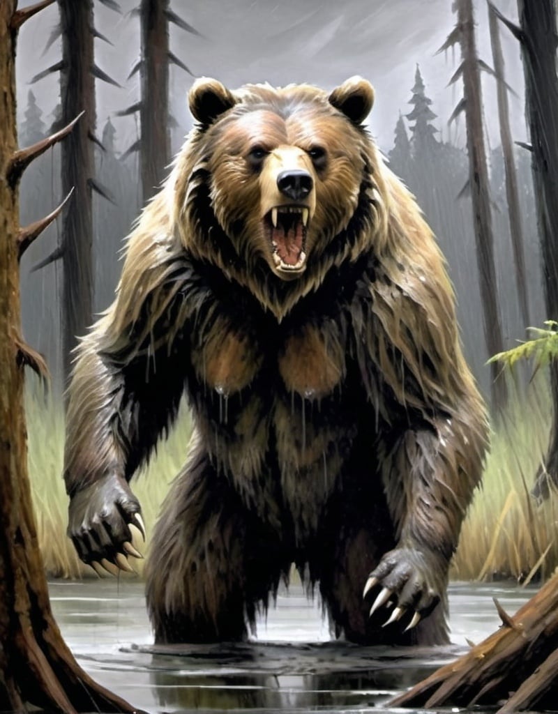 Prompt: Swamp bear, grizzly, matted fur, fantasy style, scary, mud covered, oil painting, anime style, terrifying, impressionism, ancient bear, grey fur, hyper-realistic, black sky, rain, deep forest




