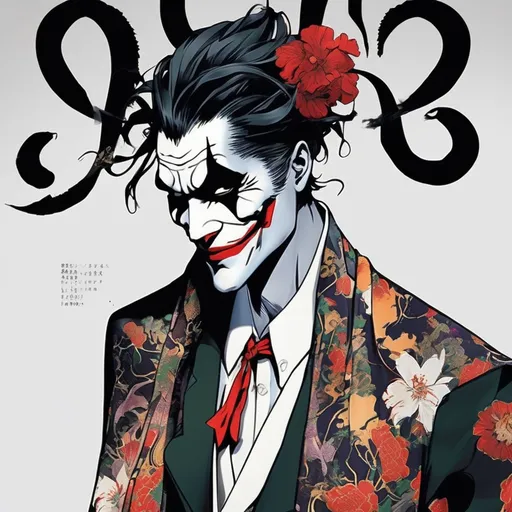 Prompt: Joker DC Comics with signature makeup| In the style of Yohji Yamamoto | Dark Black Material and Asiatic traditional inspired Patterns | Fashion Runway | Iconic Wrap Silhouettes, flowery, dragon, Chinese colorful Patterns, swag and street Elegance, Versatile Fashion, Overcoat and cape |