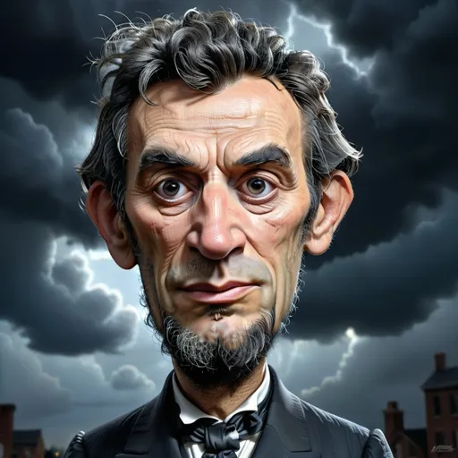 Prompt: (Abrham Lincoln), photorealistic, realism style, dark color scheme, (dramatic lighting), deep shadows, high-contrast, serious expression, ultra-detailed, 4K, high depth cinematic masterpiece, moody atmosphere, black and white suit, textured background with subtle historical elements, HD, stormy sky with dark clouds, elaborate detailing on face, historical figure