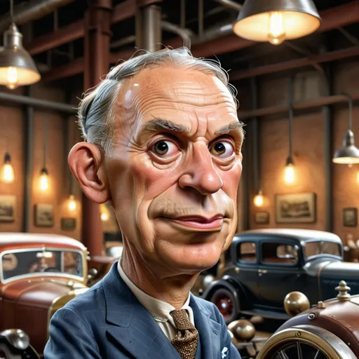 Prompt: (Henry Ford), photorealistic, warm color scheme, highly detailed facial features, vintage feel, award-winning quality, historical ambiance, cozy and rich lighting, reminiscent of early 20th century, soft golden hues, background showcasing an industrial setting or car factory, high-resolution, ultra-detailed, 4K quality, dramatic light and shadow play, exquisite texture details, professional and polished look.