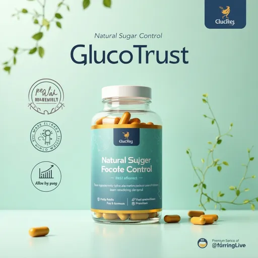 Prompt: An elegant GlucoTrust bottle (clear glass with a blue and gold label, visible pills).

Clean background: Natural tones (mint green or light blue) with a soft gradient or organic texture (small leaves or abstract molecules).

Critical text: 'Natural Sugar Control' in a modern sans-serif typeface, next to the GlucoTrust logo.

Trust elements: 'Made in Germany' seal, fast shipping icon, and a descending blood sugar curve graph (infographic style).

Style: Professional product photography with soft lighting, similar to premium supplement brands. Avoid overloading the image.