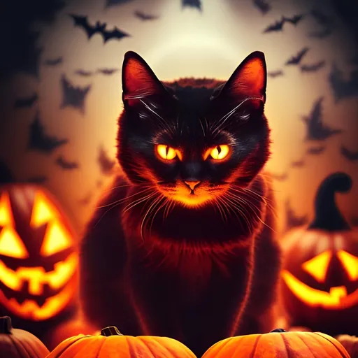 Prompt: A halloween pumpkin on the head of a cat, the background is spooky