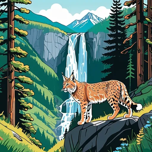 Prompt: A remote mountain valley, lush with alpine meadows and dense forests. A lynx emerges from the trees, its keen eyes scanning the terrain, as birds call from above and the sound of a distant waterfall provides a soothing backdrop. vivid, whimsical, thin line art, flat color illustration, high quality