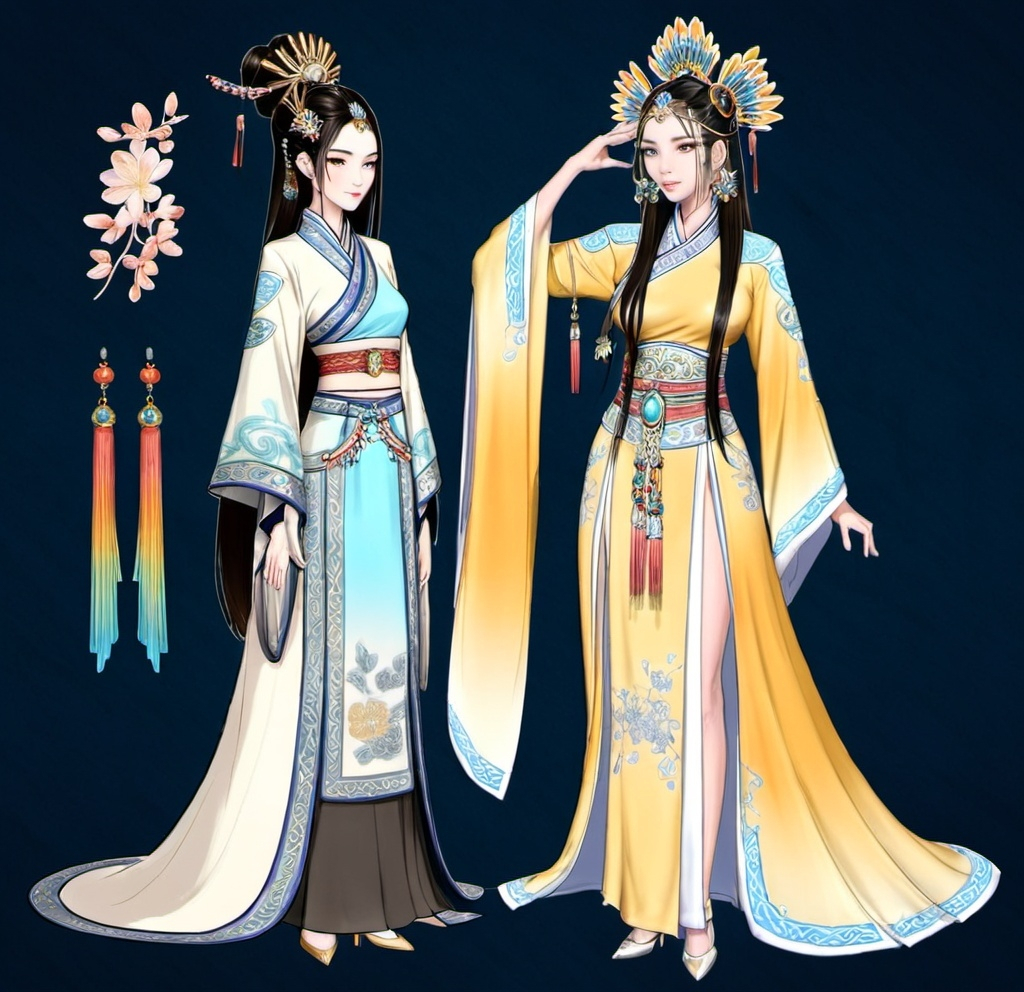 Prompt: A design drawing of a stunning ancient Chinese outfits set with separate delecated headpieces and accessories displaying on the side, fantasy atmosphere 