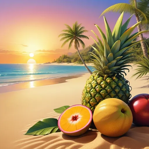 Prompt: Vibrant digital illustration of tropical fruit on a sandy beach, golden sunset over serene island, high-res, ultra-detailed, realistic, vibrant colors, tropical fruits, sandy beach, golden sunset, serene island, digital illustration, realistic, vibrant